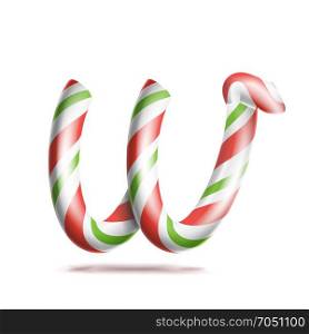 Letter W Vector. 3D Realistic Candy Cane Alphabet Symbol In Christmas Colours. New Year Letter Textured With Red, White. Typography Template. Striped Craft Isolated Object. Xmas Art Illustration. Letter W Vector. 3D Realistic Candy Cane Alphabet Symbol In Christmas Colours. New Year Letter Textured With Red, White. Typography Template. Striped Craft Isolated Object. Xmas Art