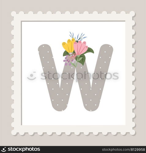 Letter W with flowers. Floral alphabet font uppercase