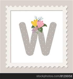 Letter W with flowers. Floral alphabet font uppercase
