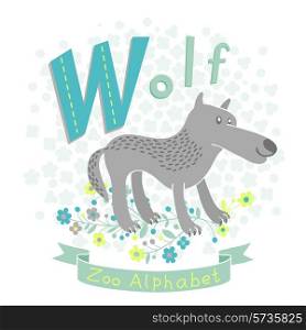 Letter W - Wolf. Alphabet with cute animals. Vector illustration.