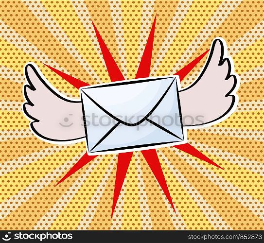 Letter with wings in pop art comic style on dot background, stock vector illustration