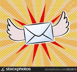 Letter with wings in pop art comic style on dot background, stock vector illustration