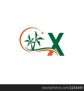 Letter X blends with coconut trees by the beach at night template