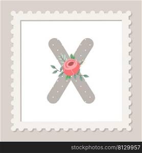 Letter X with flowers. Floral alphabet font uppercase
