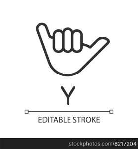 Letter Y sign in ASL pixel perfect linear icon. People with deafness language. Gesturing. Thin line illustration. Contour symbol. Vector outline drawing. Editable stroke. Arial font used. Letter Y sign in ASL pixel perfect linear icon