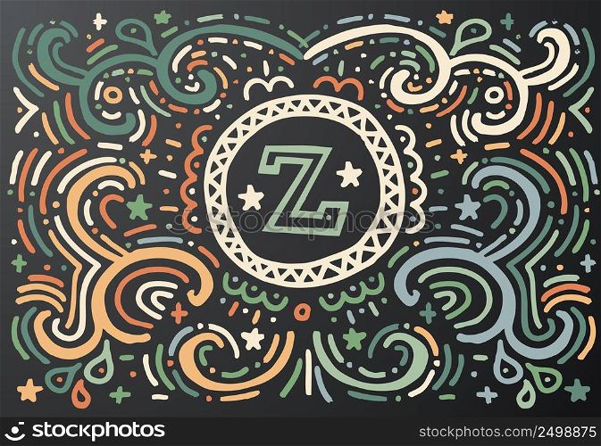 Letter Z. Hand drawn vintage print with decorative outline text. Vintage background. Vector illustration. Isolated on black