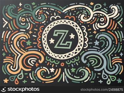 Letter Z. Hand drawn vintage print with decorative outline text. Vintage background. Vector illustration. Isolated on black