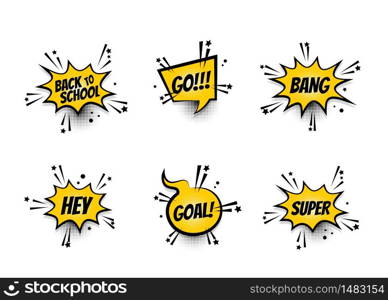 Lettering back school, go, goal, football, super, hey. Set comics book balloon. Bubble speech phrase. Cartoon exclusive font label tag expression. Comic text sound effects. Sounds vector illustration.. Comic text speech bubble pop art set