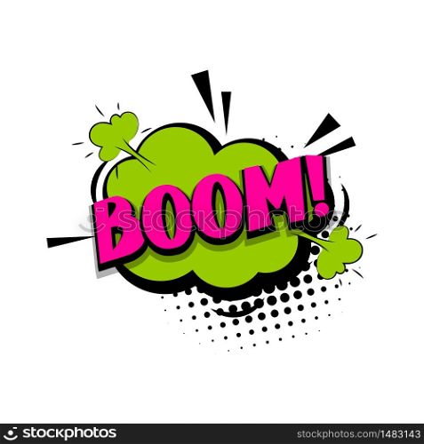 Lettering boom, bang. Comics book halftone balloon. Bubble icon speech phrase. Cartoon exclusive font label tag expression. Comic text sound effects dot back. Sounds vector illustration.. Lettering boom bang comic text pop art