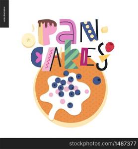 Lettering composition Love Spring Pancakes and a panckae with sour cream and bilberries. Lettering composition Love Spring Pancakes