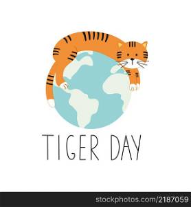 Lettering day of the tiger. Handwritten inscription for the day of the tiger and the tiger&rsquo;s face. Vector illustration of a cartoon. Design of a logo, banner, postcard, advertisement, or booklet.