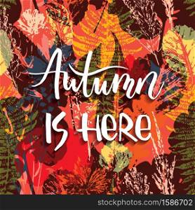 Lettering design with abstract autumn seamless background with leaves. Trendy hand drawn textures. Lettering design with abstract autumn seamless background
