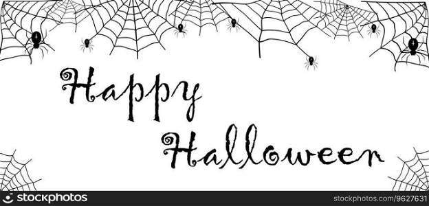 Lettering Happy Halloween. Card with spiders in cobwebs. Illustration  for holiday design, decorations, cards, banner. Vector Illustration