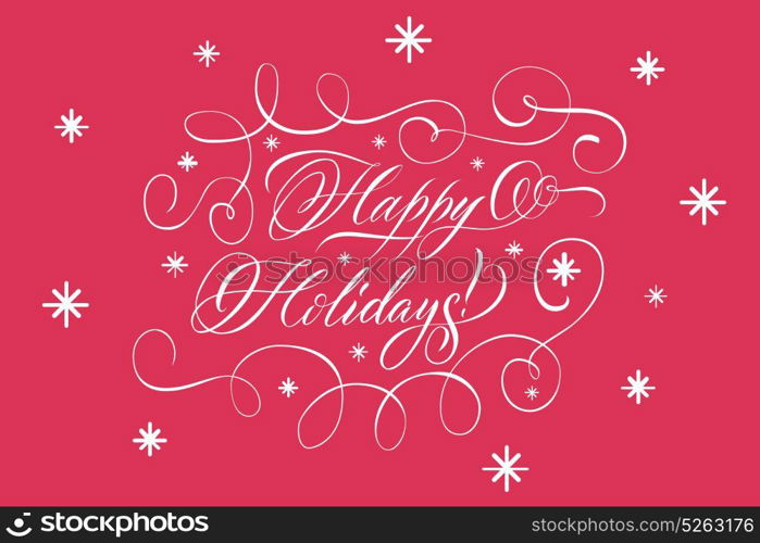 Lettering Happy Holidays White On Red . Vintage greeting card with stars ornament composed from twisted lines and calligraphic lettering wishing happy holidays white on red flat vector illustration
