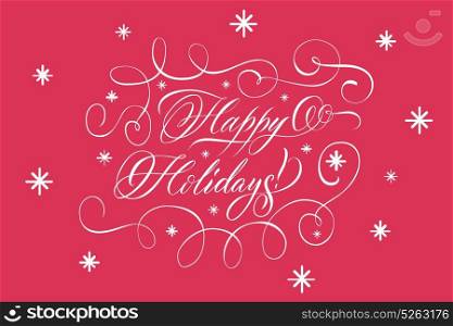 Lettering Happy Holidays White On Red . Vintage greeting card with stars ornament composed from twisted lines and calligraphic lettering wishing happy holidays white on red flat vector illustration