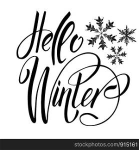 Lettering hello winter. Isolated vector illustration on white background.