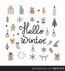 Lettering hello winter. New Year and Christmas. Set of doodle icons.
