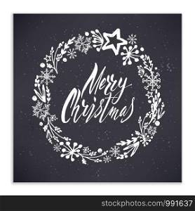 Lettering Merry Christmas. Merry Christmas greeting card. Christmas wreath.