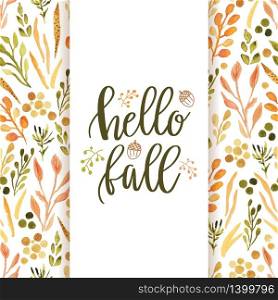 Lettering phrase Hallo Fall on Colorful autumn leaves seamless pattern. Vectorized watercolor painting isolated on white.. Colorful autumn leaves seamless pattern. Vectorized watercolor painting.