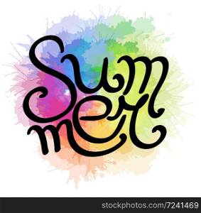 Lettering Summer written by hand with rainbow watercolor splashes. Calligraphic inscription. Vector element for banners, printing on T-shirts, postcards and your design. Lettering Summer written by hand with rainbow watercolor splashes. Calligraphic inscription.
