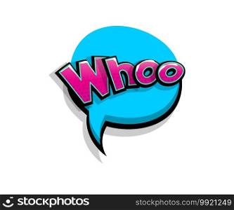 Lettering whoo, who, wow. Comic text logo sound effects. Vector bubble icon speech phrase, cartoon font label, sounds illustration. Comics book funny text.
