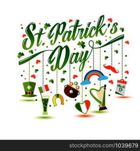 Lettering with icons set of Saint Patricks Day. Lettering with icons of Saint Patrick s Day