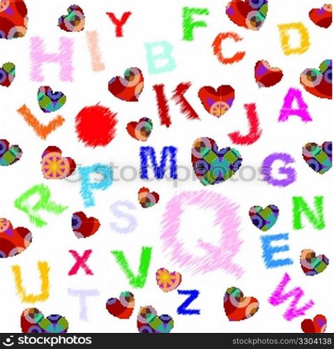 letters and hearts with patterns on white background