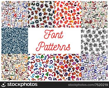 Letters and numbers seamless patterns set with arabian calligraphy characters and funny cartoon digits made up of soccer ball, birthday cake and origami paper. Letters and numbers seamless patterns set