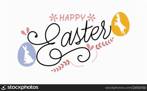 Letters happy easter of hand-drawn pen line. with easter eggs with rabbit ears about easter isolated. for letters, badges designs, emblems, drawings, religious marks, overlays for web, print.