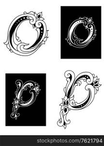 Letters O and P with floral embellishments isolated on white background
