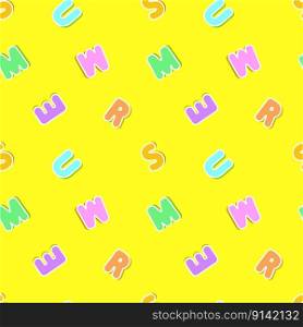 Letters seamless pattern. Letters making the word summer. Bright yellow background. Vector design.