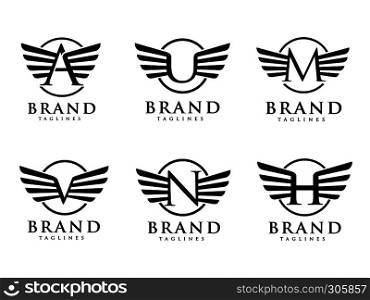 letters with wings and circle styles logo vector, Creative Letter with wings design element. letter wings Corporate branding identity Vector template