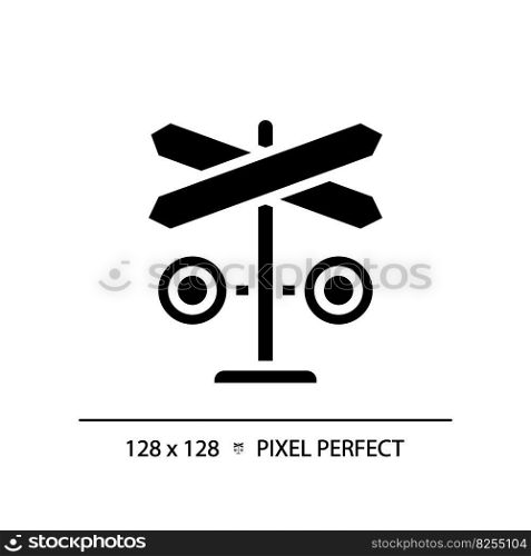 Level crossing pixel perfect black glyph icon. Rail safety. Warning device. Railway track. Railroad barrier. Silhouette symbol on white space. Solid pictogram. Vector isolated illustration. Level crossing pixel perfect black glyph icon