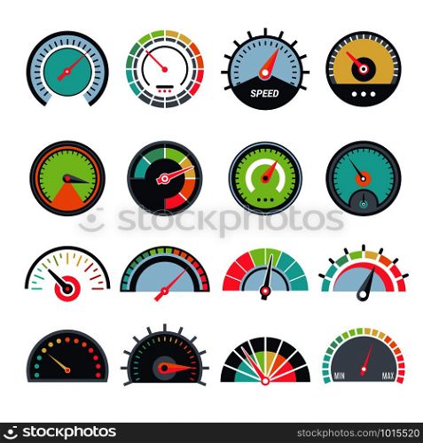 Level measure symbols. Speedometer guage indication fuel vector infographic symbols collection. Speedometer indicator, fuel gauge and measure meter illustration. Level measure symbols. Speedometer guage indication fuel vector infographic symbols collection