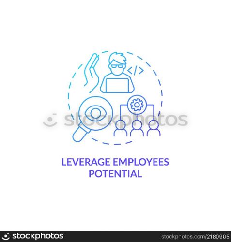 Leverage employees potential blue gradient concept icon. Professional performance. Web 3 0 abstract idea thin line illustration. Isolated outline drawing. Myriad Pro-Bold fonts used. Leverage employees potential blue gradient concept icon