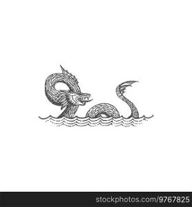 Leviathan mythical creature, sea serpent in Judaism isolated monochrome sketch. Vector selma norwegian folklore monster, legendary leviathan dragon mythical creature, water dinosaur, underwater beast. Selma monster, water beast sea serpent dragon wave