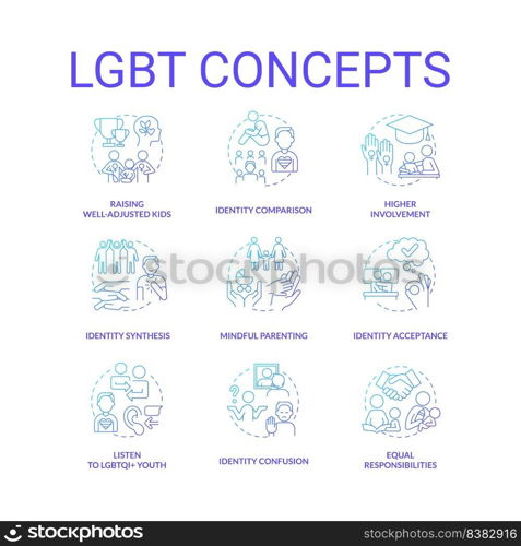 LGBT blue gradient concept icons set. Culture and movement. Gender and identity. LGBTQ community idea thin line color illustrations. Isolated symbols. Roboto-Medium, Myriad Pro-Bold fonts used. LGBT blue gradient concept icons set