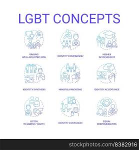 LGBT blue gradient concept icons set. Culture and movement. Gender and identity. LGBTQ community idea thin line color illustrations. Isolated symbols. Roboto-Medium, Myriad Pro-Bold fonts used. LGBT blue gradient concept icons set
