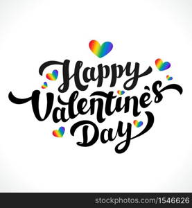 Lgbt community Happy Valentines Day design. 14th of february. Rainbow hearts and Happy Valentines Day lettering on white background. Vector illustration.. Lgbt community Happy Valentines Day design. 14th of february. Rainbow hearts and Happy Valentines Day lettering on white background.