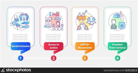 LGBT community programs rectangle infographic template. Data visualization with 4 steps. Editable timeline info chart. Workflow layout with line icons. Myriad Pro-Bold, Regular fonts used. LGBT community programs rectangle infographic template