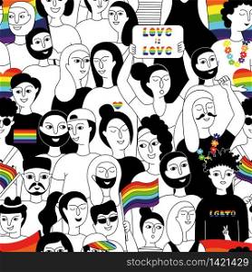 LGBT community. Seamless pattern with a group of people participating in a Pride parade. LGBTQ. Doodle vector background