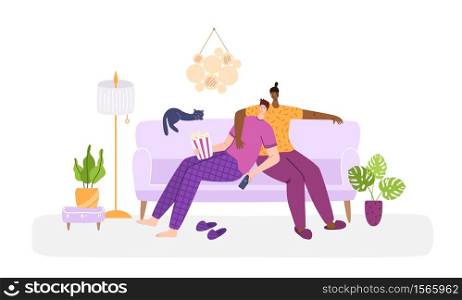 LGBT concept - couple of gay men together in living room chatting, watching tv. Same sex young male romantic couple in their daily routine. Sweet evening together at home, flat cartoon vector. LGBTq - cute romantic people