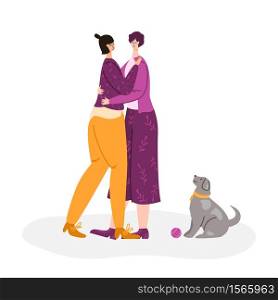 LGBT concept - couple of gay women together chatting, smiling and hugging. Same sex young lesbian female romantic couple in their daily routine. Happy date together and lovely dog, flat cartoon vector. LGBTq - cute romantic people
