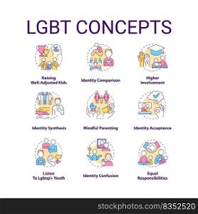 LGBT concept icons set. Culture and movement. Gender and identity. LGBTQ community idea thin line color illustrations. Isolated symbols. Editable stroke. Roboto-Medium, Myriad Pro-Bold fonts used. LGBT concept icons set