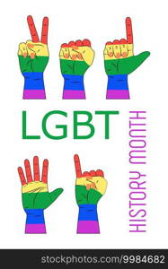 LGBT concept vector for t-shirt, banner, poster, web on the white background. Hands are painted in LGBT pride rainbow colors. Illustration for history month.. LGBT concept vector for t-shirt, banner, poster, web on the white background. Hands are painted in LGBT pride rainbow colors.