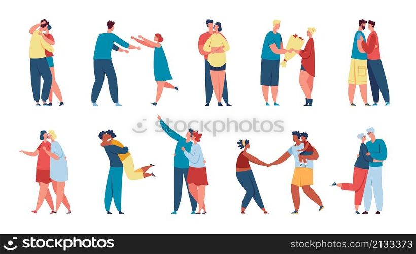Lgbt couples in love, young characters on romantic date. Cute people in relationship, parents with child, happy senior couple hugging vector set. Love diversity, elderly or senior partners. Lgbt couples in love, young characters on romantic date. Cute people in relationship, parents with child, happy senior couple hugging vector set