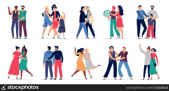 LGBT couples. Romantic gay couple date, happy people hugging and dancing together. Gays and lesbians couples with children vector illustration set. Romantic couple lgbt, homosexual boyfriend. LGBT couples. Romantic gay couple date, happy people hugging and dancing together. Gays and lesbians couples with children vector illustration set