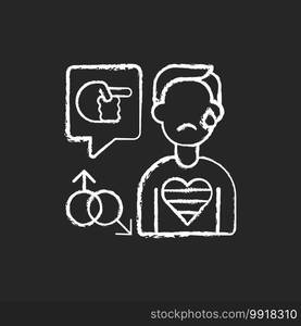 LGBT cyberbullying chalk white icon on black background. Transphobic and homophobic offensive comments. Online harassment. Gay, transgender discrimination. Isolated vector chalkboard illustration. LGBT cyberbullying chalk white icon on black background