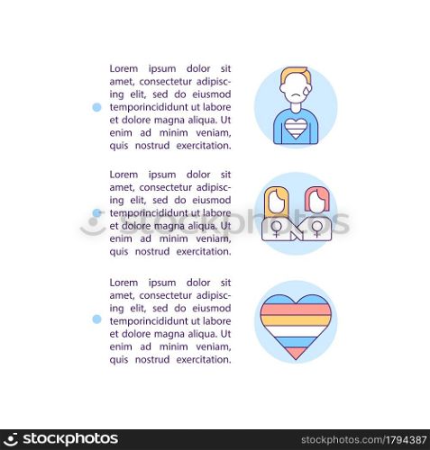 Lgbt group vulnerability concept line icons with text. PPT page vector template with copy space. Brochure, magazine, newsletter design element. LGBT community linear illustrations on white. Vulnerable group of people concept line icons with text