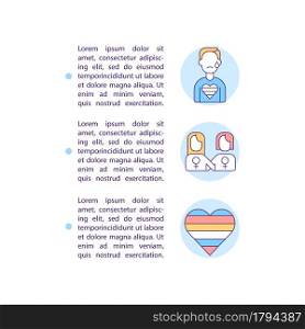 Lgbt group vulnerability concept line icons with text. PPT page vector template with copy space. Brochure, magazine, newsletter design element. LGBT community linear illustrations on white. Vulnerable group of people concept line icons with text